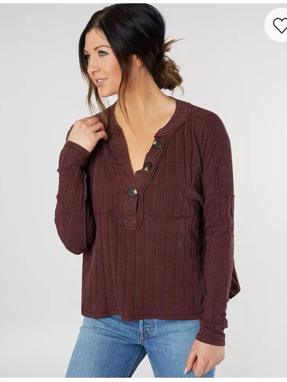 FREE PEOPLE Ribbed Button-Neck Long Sleeve Top - Mauve